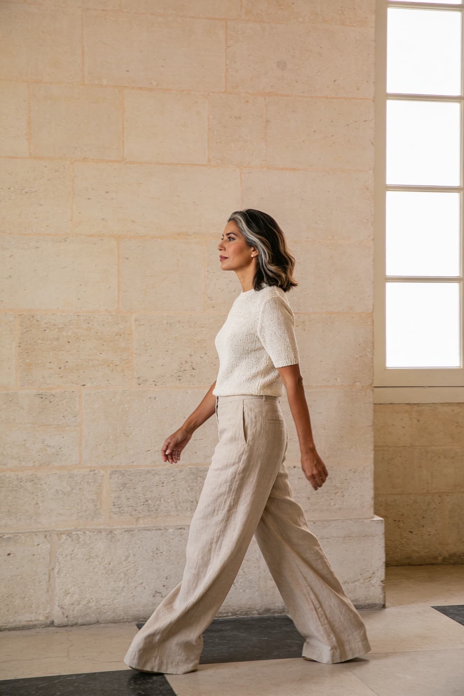 Mujer caminando de perfil con pantalón de lino arena de pierna amplia
