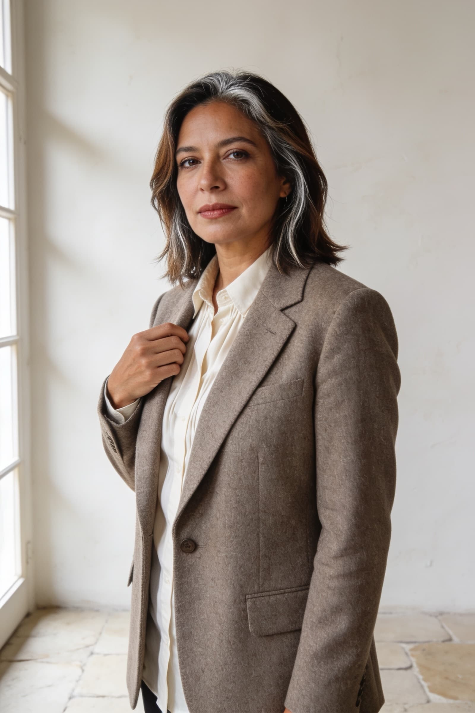 Mujer con blazer de lana taupe sobre camisa ivory