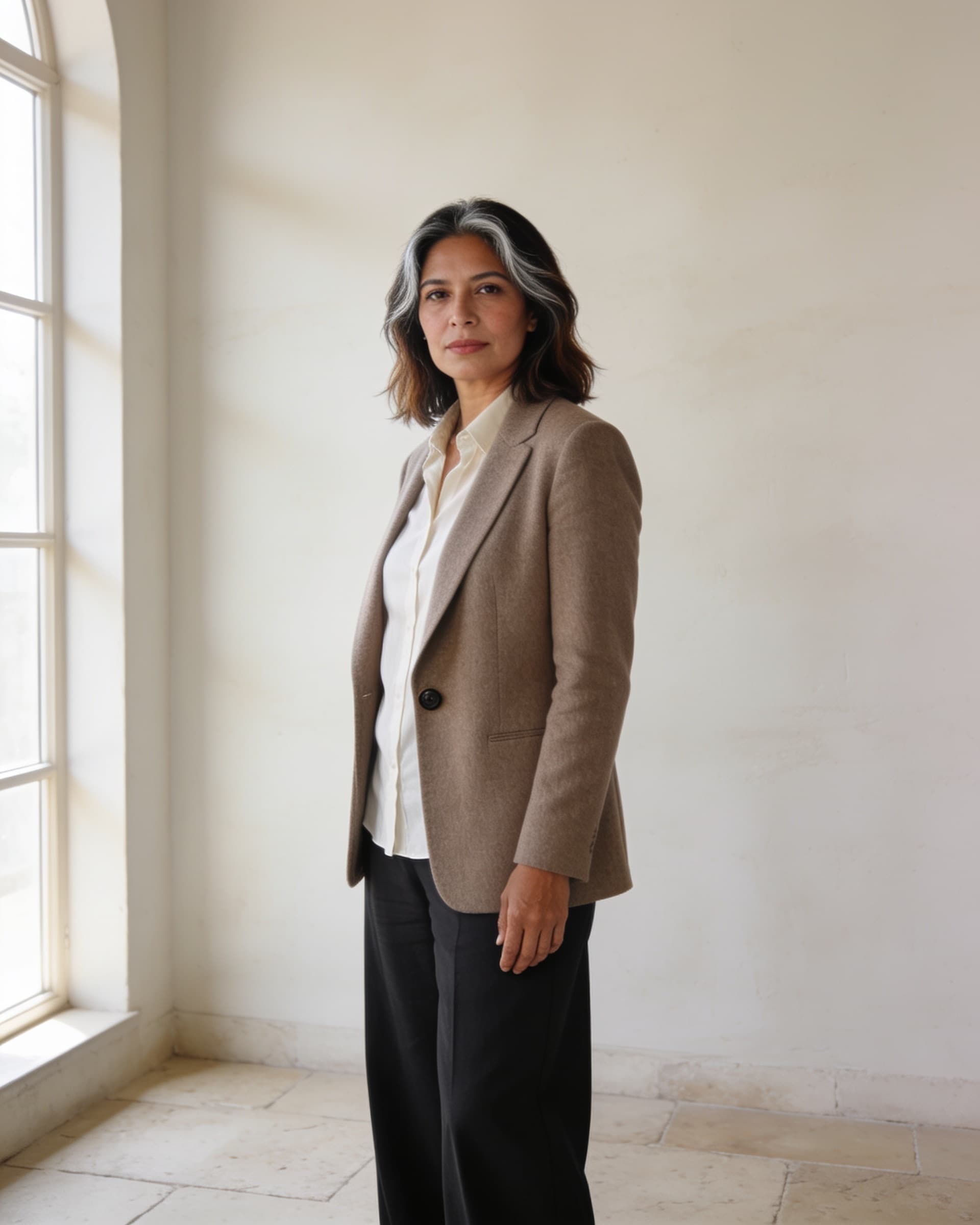 Mujer con blazer de lana fría taupe abierto sobre camisa ivory y pantalón charcoal