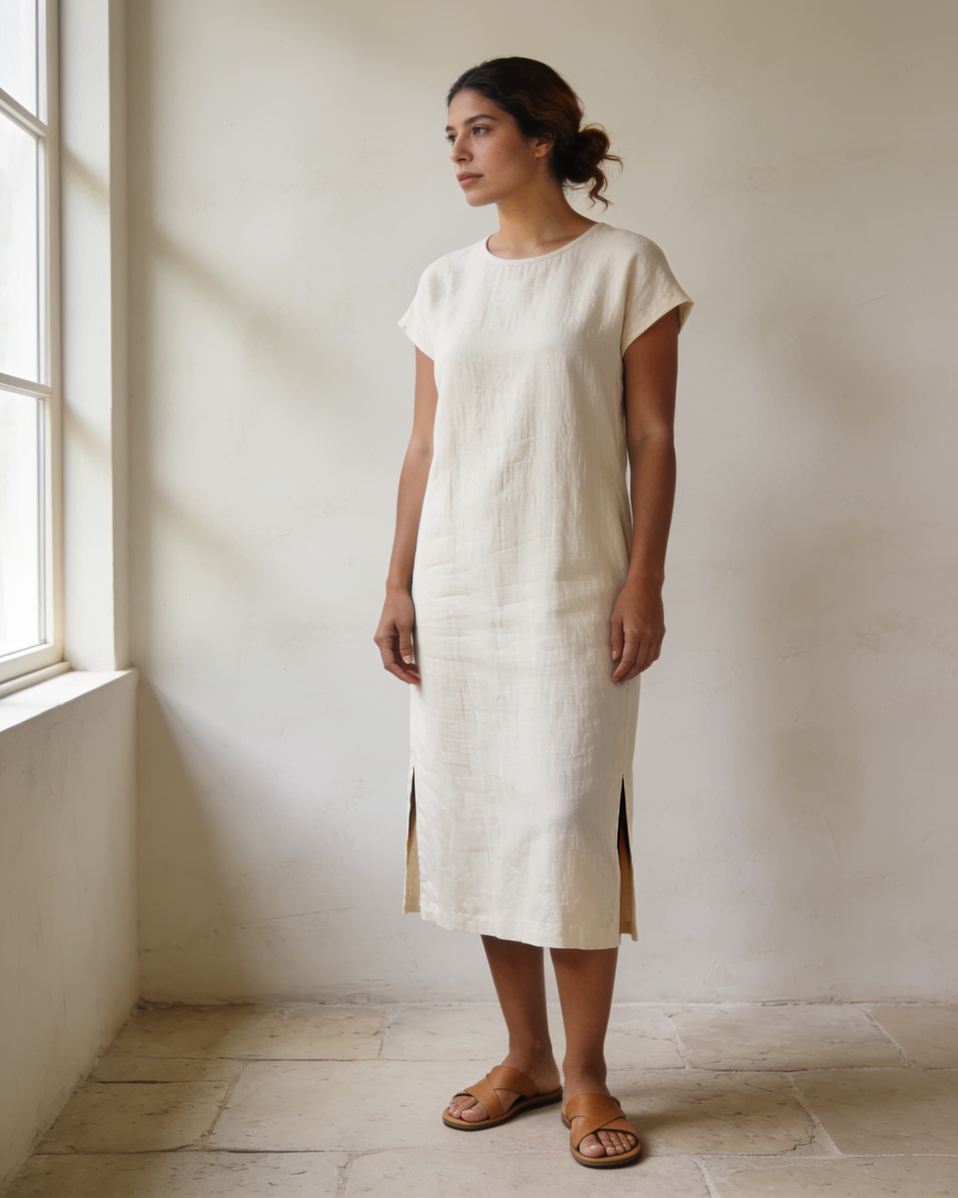 Mujer con vestido de lino ivory de corte recto y aberturas laterales, de pie junto a una ventana